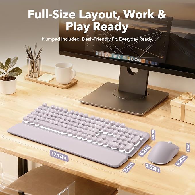 Wireless Keyboard and Mouse Combo, Backlit Round Keycaps, Retro Typewriter Keyboard with Magnetic Wrist Rest, USB-C Rechargeable & Tilt Legs, 2.4GHz Cordless for Mac Windows PC (Glowing Pastel Purple)