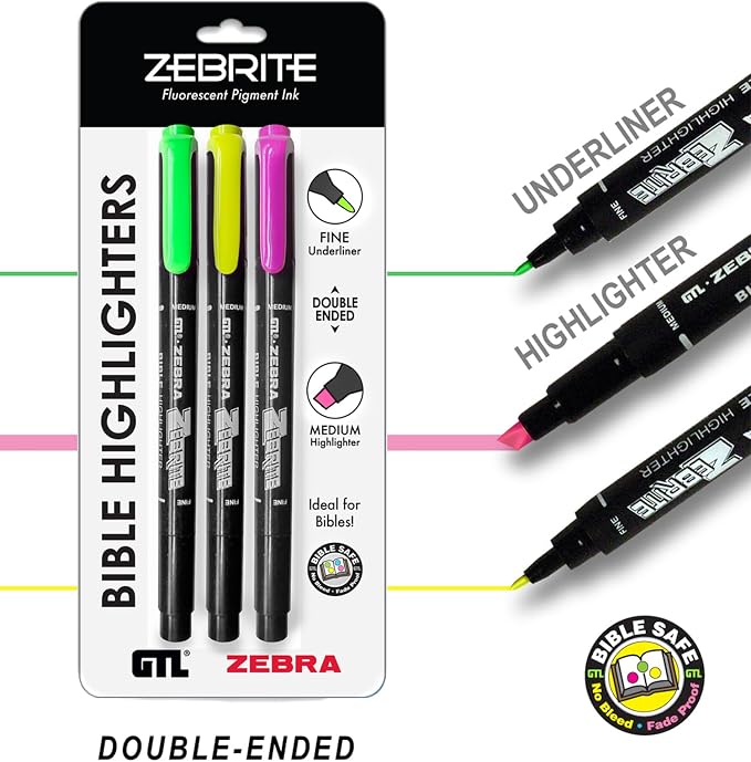 G.T. Luscombe Company, Inc. Zebrite Double Ended Bible Highlighter Set | No Bleed Pigmented Ink | No Fading or Smearing | Double Ended for Highlighting & Underlining | Green, Yellow, Pink (Set of 3)