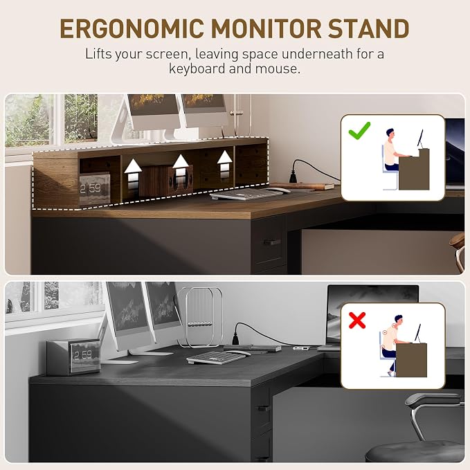 63" L Shaped Desk with Drawers, Corner Desk with File Cabinet | LED L Shaped Office Desk with Storage, Wooden L Shaped Executive Desk with Power Outlet & Monitor Stand, Black and Walnut
