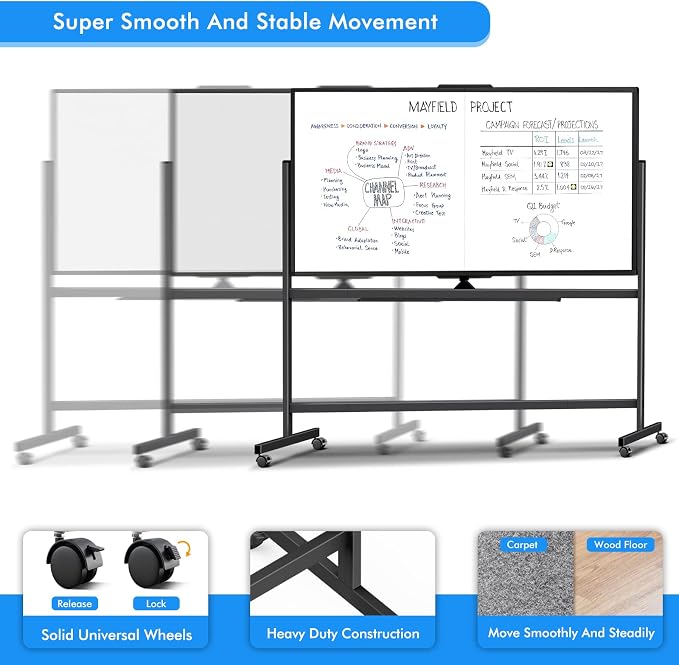 Maxtek Rolling Whiteboard 72x40 Large Magnetic White Board on Wheels Black | Mobile White Board on Wheels Dry Erase Board, Portable Giant Writing Surface for Office, School, Home Office, and Homeschool