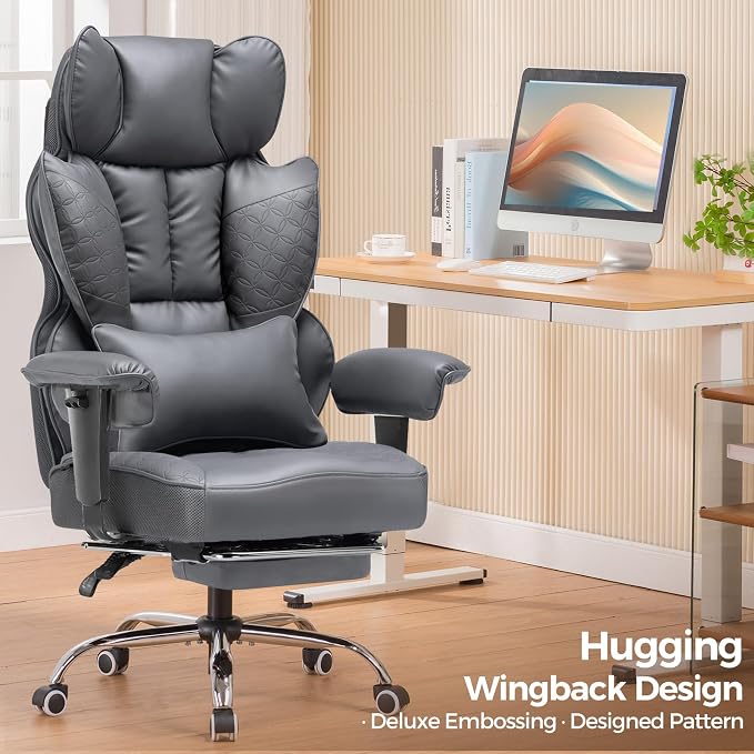 GTPLAYER Big and Tall Gaming Chair 400lbs Heavy Duty Office Chair with Foot Rest & Ergonomic Pocket Spring Lumbar Support, High Back 3D Saddle Shaped Cushion for Back Pain Relief, Grey