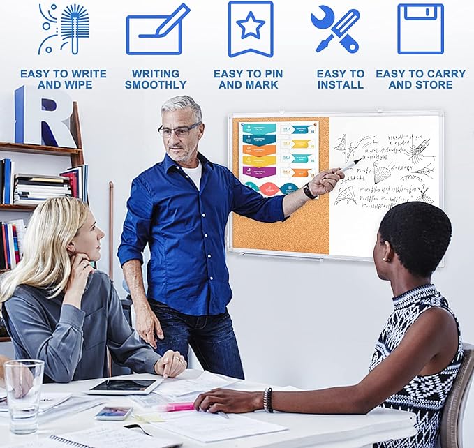 Magnetic White Board and Cork Board Combo 36" x 24" Aluminum Frame | Dry Erase Bulletin Board, Wall Mounted or Hanging. Dual-function Surface for Writing & Pinning. Ideal for Home, Office, Shool