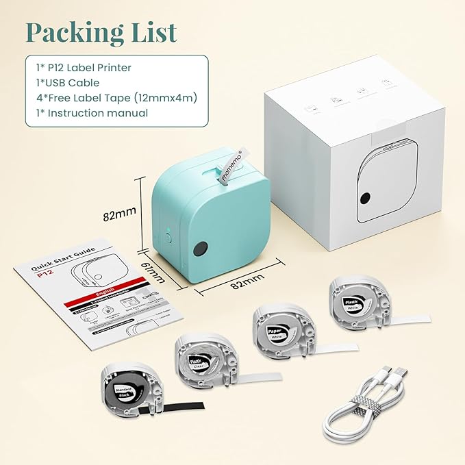 Phomemo P12 Label Maker Machine with 4 Tapes, Bluetooth Mini Ribbon Printer | Small Label Makers, Thermal Transfer Labeler with Multiple Templates for School Name Tags Clothes Gift Wrapping Home