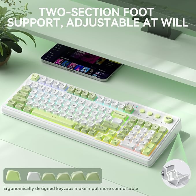 Aula F3099 Wireless Keyboard with Media Knob, Tri-Mode BT5.0/2.4GHz/USB-C Cute Creamy Keyboard with Number Pad, RGB Backlit Gaming Keyboard, Quiet Typing Green Computer Keyboards for Office Laptop/PC