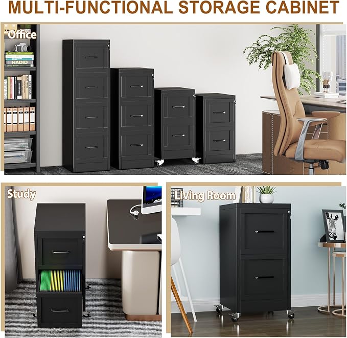 2 Drawer Rolling Metal File Cabinet with Lock,Narrow Vertical Filing Storage Cabinets,File Organization for Legal/Letter/A4/F4 Size with Wheels,Lockable File Folders for Home Office,Black