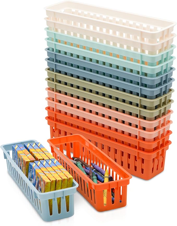 4E's Novelty 12 Pack Pencil Holder for Kids Desk, Boho Plastic Pen Baskets Tray for Organizing Classroom, Caddy Bins for Students Desk Elementary Teacher Classroom Organization and Storage Supplies