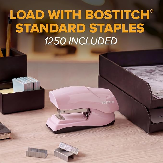 Bostitch Heavy Duty Stapler Value Pack, 40 Sheet Capacity, Pink | Half-strip, flat-clinch design opens fully for tacking bulletin boards; includes a staple remover and 5,000 staples.