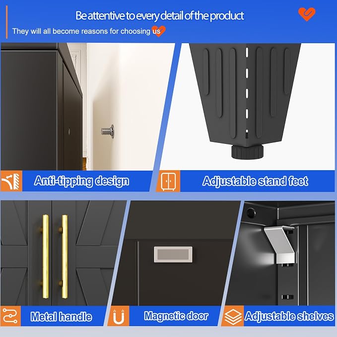 GAIOUS 74.8" Tall Kitchen Pantry Cabinet, Metal File Storage Cabinet Black | Steel Office Cabinet, Freestanding Cupboard with 2 Doors and 5 Adjustable Shelves, Bathroom Kitchen Home Garage Tool Cabinet