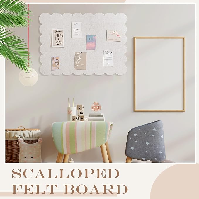 Mooliwe Scalloped Felt Bulletin Cork Board Foldable Beige 36 * 24 Inch | 3' x 2' Trifold, Self Adhesive, Picture Vision Board, Cork Alternative for Wall, Pin Bulletin Decorative for Office Bedroom
