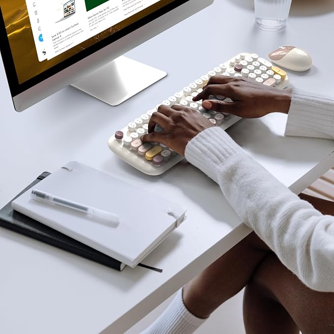 MOFII Wireless Keyboard and Mouse Combo, Full-Sized Colorful Typewriter Keyboard with Round Keycaps, 2.4G Cute Mouse Compatible with PC/Laptop/Computer (Milk White Color)