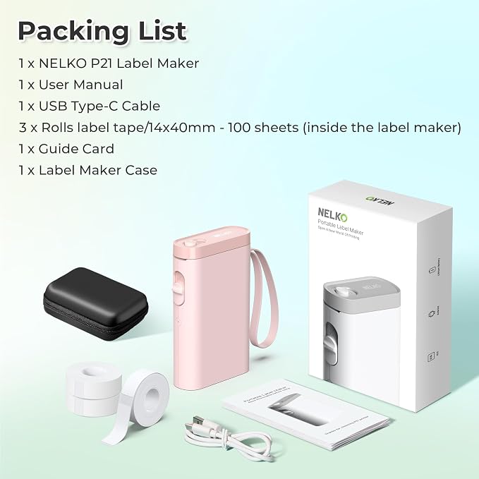 Nelko Label Maker Machine, P21 Label Printer with 3 Tapes & Case, Pink | Creative App & Multiple Templates, Inkless Printing, Built-in Cutter, Ideal for School, Teacher Supplies, Office, and Home