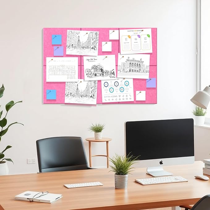 MaxGear Felt Bulletin Board 36" x 24", Pink Felt Wall Tiles Push Pins | Cork Board For Walls Alternative, 6 Pack 11.8" x 11.8" Wall Panels, Pin Board Custom Layout Design, Office Decor Home Decor