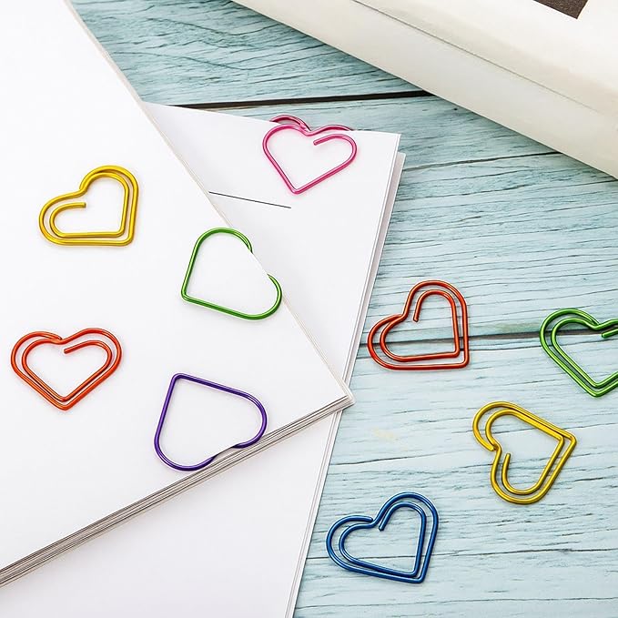Heart Paper Clips, 105 Pcs Colorful Metal Clip Paper | Assorted Colors, Bulk Pack, Non Scratch Coating, for Office Desk, School Binder, Gift Wrapping