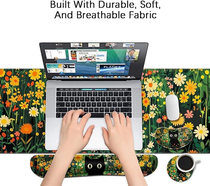 Desk Mat, Large Gaming Mouse Pad with Wrist Rest, 4 in1 XXL Mouse pad+Keyboard Wrist Rest+Mouse Pad Wrist Support+Cup Coaster Set, Ergonomic Desk Pad for Home Office,Floral Cat