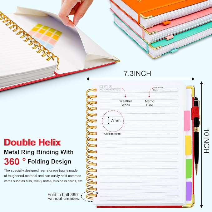 Hardcover Spiral Notebook 8"x10" Journal Notebook with Tabs and Removable Dividers 300 Pages 5 Subject Notebook College Ruled, Faux Leather Spiral Bound Notebook for Women, Students, School Work (Red)