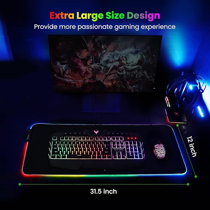 RGB Gaming Mouse Pad Extra Large Extended 31.5x12 Inch-Black | LED mouse pad with 14 lighting modes, covers keyboard & mouse, anti-slip rubber base, waterproof surface, USB powered