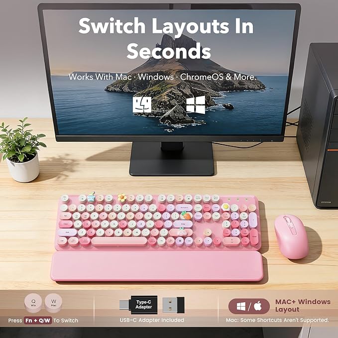 Wireless Keyboard and Mouse Combo, Retro Typewriter Style Keyboard with Round Keycaps, Magnetic Wrist Rest, Full-Size 2.4GHz Cordless for Mac, Windows PC, Laptop, SABLUTE CK23, Cotton Candy Pink