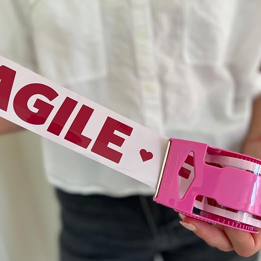 Fragile Packing Tape with Pink Dispenser – Pink & Burgundy Heart Design, 1.88" x 22.2 Yards – Packaging Tape for Moving Boxes, Small Business, and Mailers
