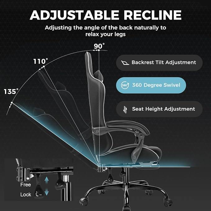 GTPLAYER Gaming Chair, Computer Chair with Footrest and Lumbar Support, Height Adjustable Game Chair with 360°-Swivel Seat and Headrest and for Office or Gaming (All Black-Fabric)
