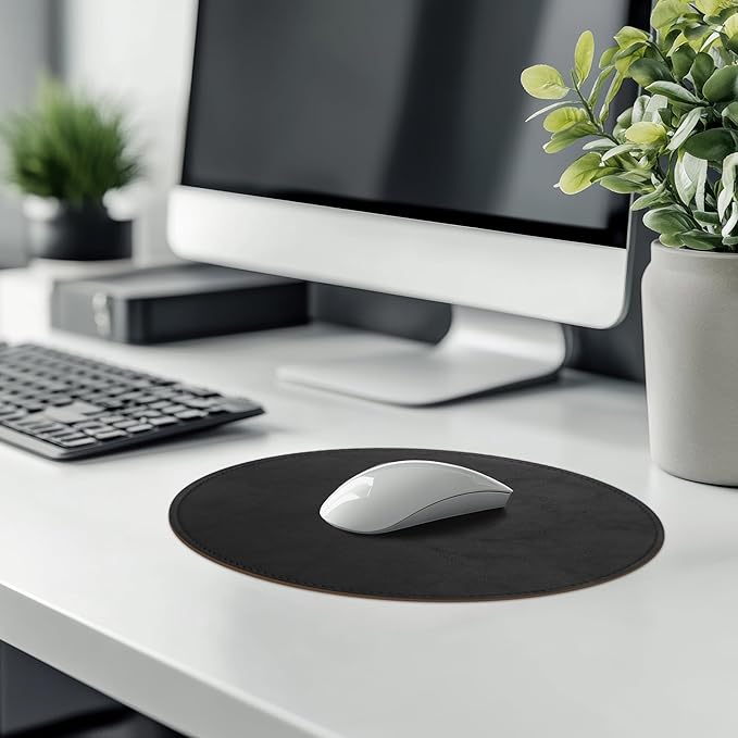 Mouse Pad,Round Mouse Pad,PU Mouse Pad,Leather Mouse Pad with Stitched Edge Micro-Fiber Base with Non-Slip Waterproof,Mouse Pad for Computers,Laptop,9 x 9 Inch (Charcoal Black)