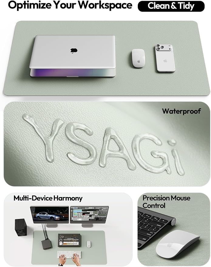 YSAGi Leather Desk Protector, Office Mat, Large Mouse Mat, Non-Slip PU Leather Blotter, Laptop Desk Mat, Waterproof Writing Pad for Office and Home(Grayish Green, 63" x 24")