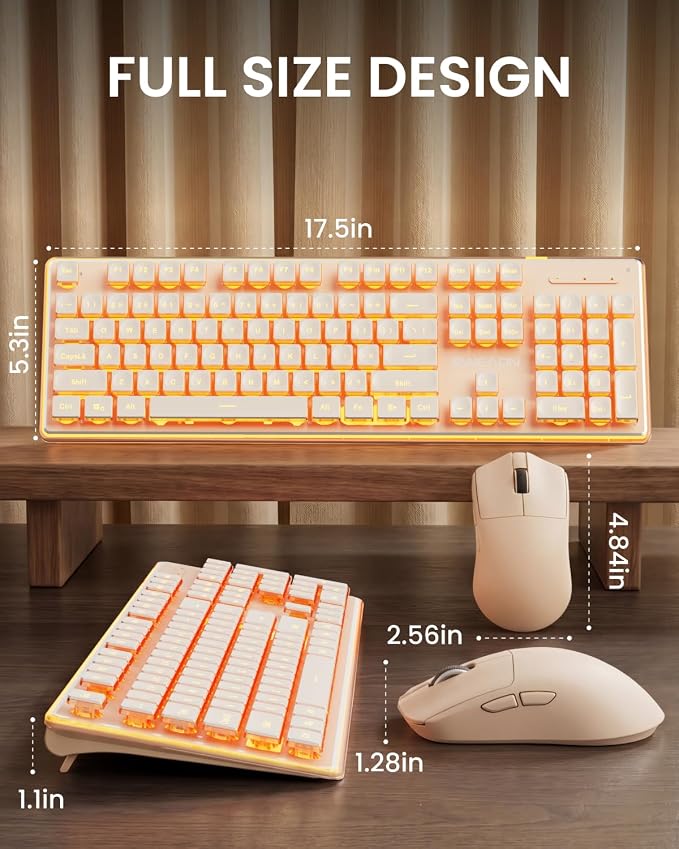 Wireless Keyboard and Mouse Combo with Warm Backlit Pudding Keycaps | Bluetooth & 2.4G Dual Mode, 2000mAh Rechargeable Full Size Quiet Computer Keyboard for Windows PC Desktop, Rose Gold, EWEADN