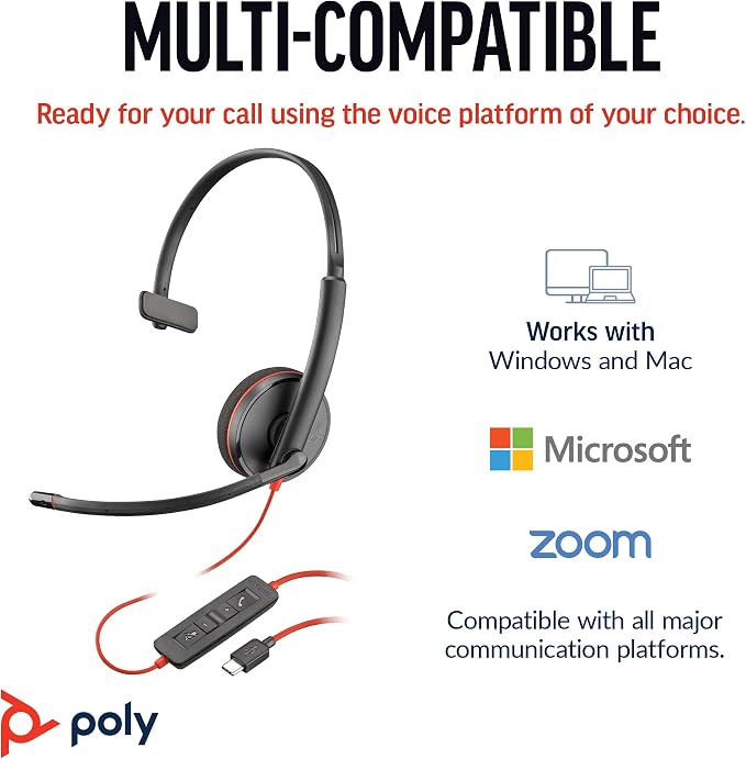 Poly Blackwire 3210 Wired Headset (Plantronics) - Noise-Canceling Mic - Single-Ear Design - Connect to PC/Mac via USB-C or USB-A - Works w/Teams, Zoom - Amazon Exclusive