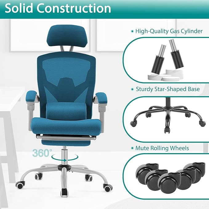 DUMOS Home Office Desk Chair with Footrest, High-Back Mesh Rolling Swivel Reclining Chairs with Wheels, Comfortable Headrest, Lumbar Support, Comfy Arms for Home, Office, Gaming, Student, Elegant Blue