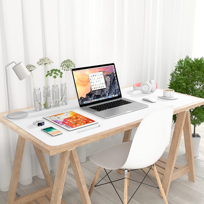 Hsurbtra Desk Pad, 35.5" x 17" PU Leather Desk Mat, XXL Extended Mouse Pad, Waterproof Desktop Blotter Protector, Non-Slip Ultra Thin Large Laptop Keyboard Writing Mat for Office Home, White