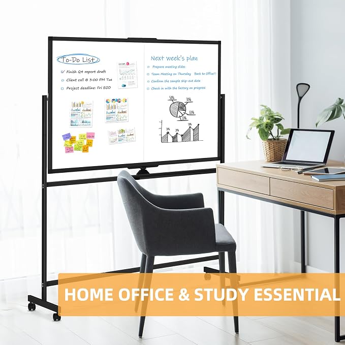 Rolling Dry Erase Whiteboard Stand, 48" x 36" White Board on Wheels Black | Double-Sided Reversible, 4 x 3 ft, Mobile Standing Whiteboards, Portable Magnetic Board, for Office School Home