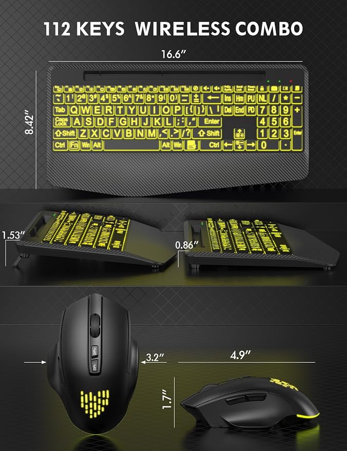 Wireless Keyboard and Mouse Combo, Large Print Backlit Scissor Keys | Textured Wrist Rest, Phone Holder, Rechargeable, 7-Color Lighting, LED Mouse, Quiet Typing, Win/Mac/ChromeOS, KM22 Ultra+