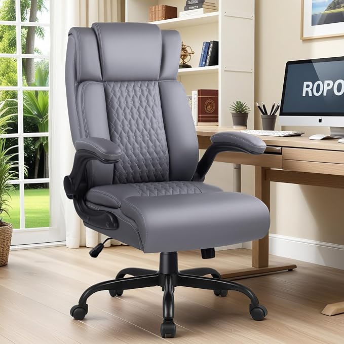 Office Chair, 400LBS Heavy Duty Big and Tall Executive Office Desk Chair with Flip-up Arms, Ergonomic High Back Office Chairs with Lumbar Support, PU Leather, Grey