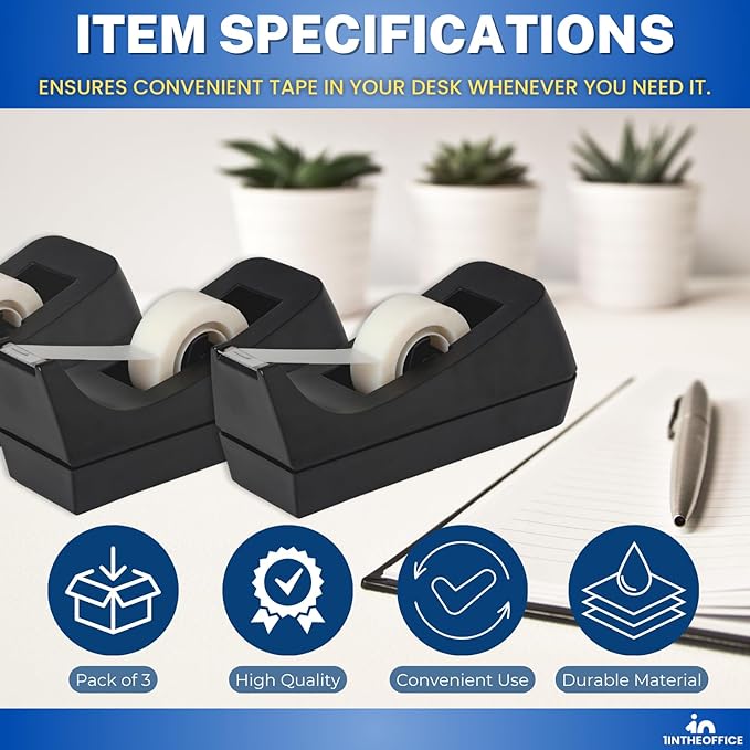 1InTheOffice Tape Dispenser Desk, Weighted Nonskid Base, 1 Inch Core, Black, 3 Pack
