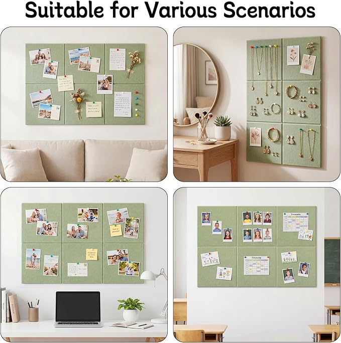 Cork Board Alternative 28" x 19", 6 Pack Felt Bulletin Boards, Pin Board | Includes Pushpins & 35 Safe Removable Adhesive Tabs, High-Density, Notice Boards for Walls Office Home Decor - Sage
