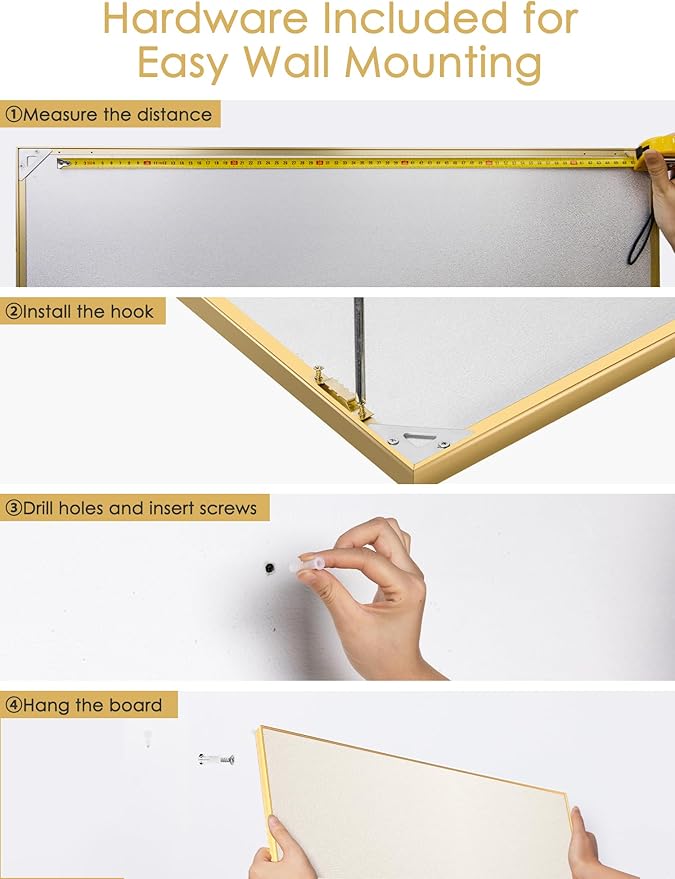 Fabric Bulletin Board 40x30 inches, Golden Aluminum Framed Wall Pin Board | Cork Board Alternative for Wall with Push Pins for Office and Home, Linen Display Mood Board for Photos, Notes & Reminders