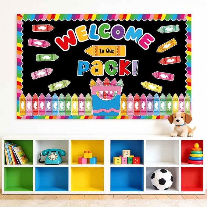 Welcome Back to School Bulletin Board Set Colorful Crayon Theme Classroom Decorations Welcome to Our Pack Bulletin Board Crayons Name Tags Cutout for School Office Chalkboard Wall Decor