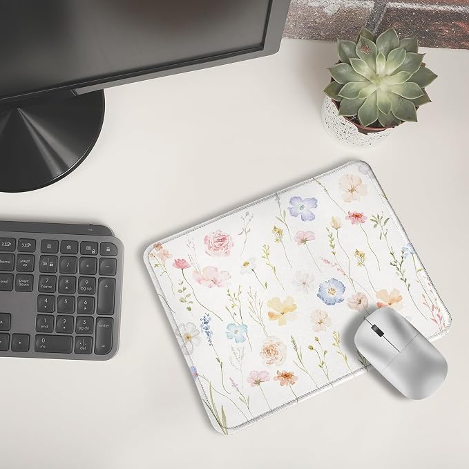 Flower Watercolor Wildflower Mouse Pads for Wireless Mouse Computers Laptop Desk Accessories, Cute Aesthetic Mouse Pad, Desk Supplies for Women Office, 9.5x7.9 Inch