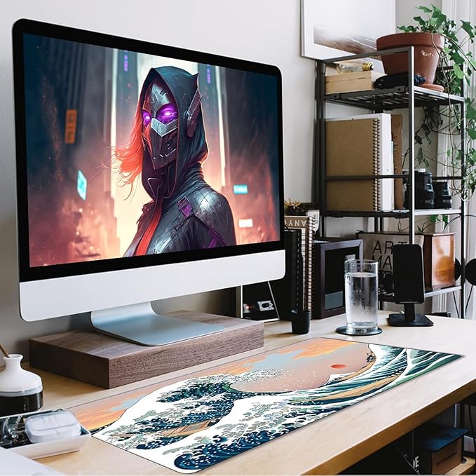 Japanese Large Mouse Pad Desk Mat Office Desk Pad, Sunset Sea | Extended Large Mouse Mat for PC, Stitched Edges Gamer Mousepad 35.4 X 15.7 Inch Long Mice Pad