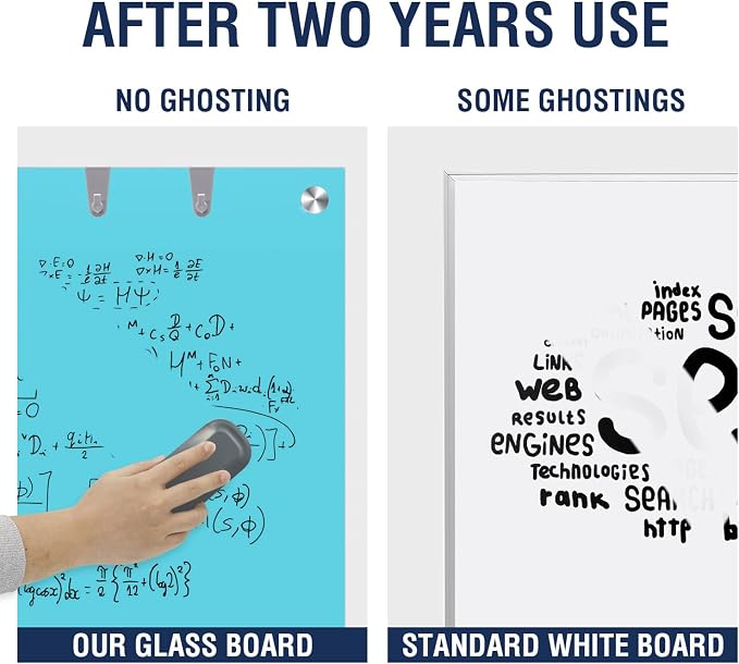 Glass Dry-Erase Board - 48 x 32 Inches Wall Mounted Glass Whiteboard, Large Frameless Magnetic White Board for Office, Home & School, Blue