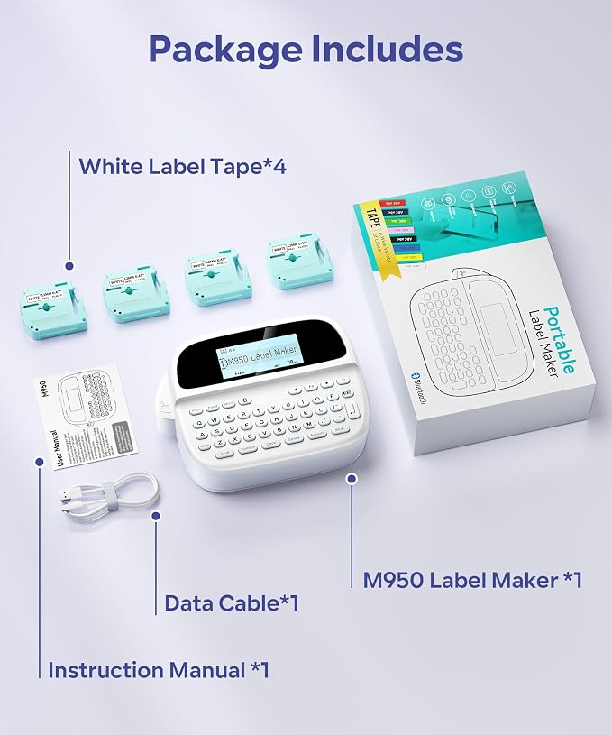 M950 Label Maker Machine with Tapes, Label Maker Waterproof-Labels | Rechargeable Backlight Bluetooth Labeler, Replace for Ptouch Label Maker Machine, 12mm White Labels for Office Home School