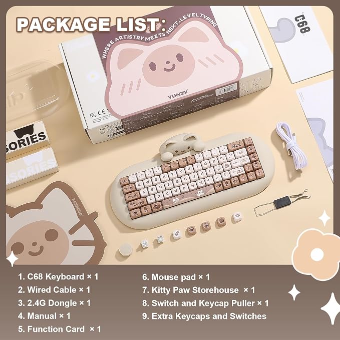 YUNZII C68 Wireless Mechanical Keyboard,65% Layout,Hot Swap,Triple Mode BT5.0/2.4G/Wired, RGB Backlit NKRO,Cute Cat Silicone Ergonomic Design for Win/Mac (Brown, Milk Switch) | Wireless Triple Mode BT5.0/2.4G/Wired, RGB Backlit NKRO, Cute Cat Silicone ...