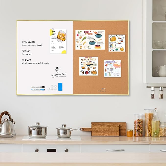 Magnetic Dry Erase White Board & Cork Board Combo, 36"x24", Wall Mounted | Gold Aluminum Frame, Dry Erase Board and Cork Bulletin Board, Vision Board, for Home Office, School, Kitchen