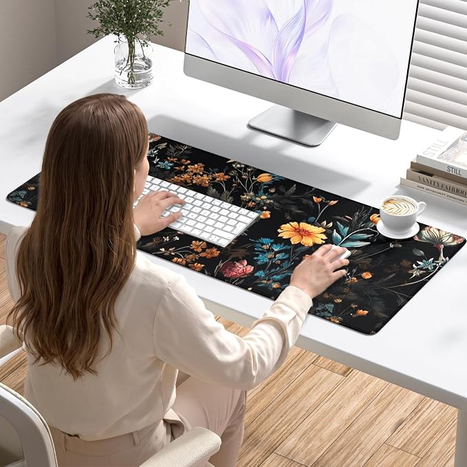 Desk Mat, Large Gaming Mouse Pad, 32" x 12", Retro Dark Floral | Waterproof Desk Pad, Non-Slip Rubber Base, Desktop Mat with Stitched Edges, Desk Accessories for Office, Work, Home