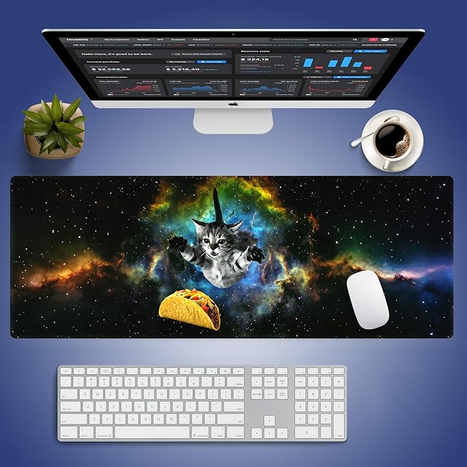 Cute Space Cat Meme Large Mouse Pad, Galaxy Kitten Chasing Taco Desk Mat | Cosmic Surreal Funny Pet Graphic, Vibrant Nebula, 31.5" x 11.8", XXL Gaming Stitched Mousepad, Smooth Surface Anti-Slip Base