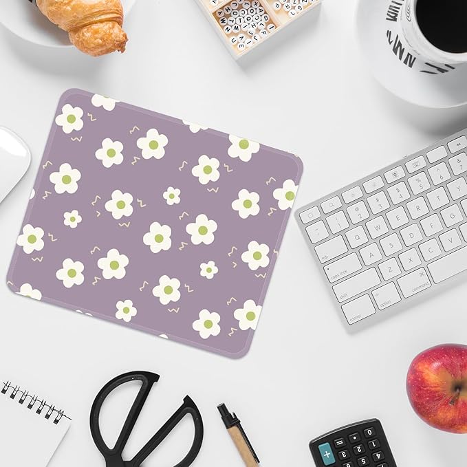 FROGIGO Mouse Pad with Stitched Edges - Purple Floral Mousepad for Women, 9.25 x 7.75 inch Washable Square Desk Pad, Non-Slip Rubber Base, Office Home Laptop Accessories - Purple Bloom