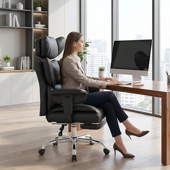 DUMOS Big and Tall Home Office Desk Chair, Executive Chair with Footrest | PU Leather, Ergonomic Comfy Lumbar Support, High Back Reclining, Adjustable Armrests, Black