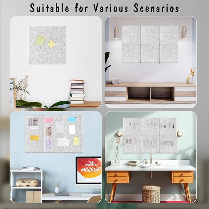 Large Cork Board 36" x 24", 6 Pack Felt Bulletin Board, Pin Boards | Includes Pushpins & Self-Adhesive Strips, Felt Wall Tiles Notice Boards for Walls Office Home School Decor - Light Gray