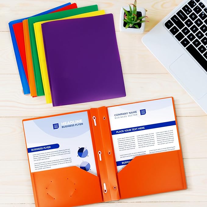 6-Pack Plastic Folders with Pockets and Prongs,2-Pocket Folders with 3 Fasteners, Holds 8-1/2" x 11" Paper for School/Office/Home, Orange