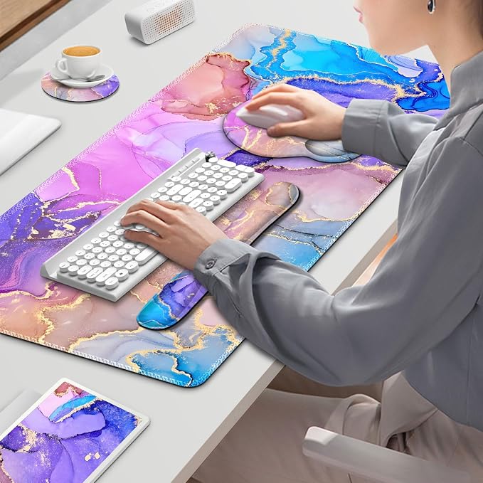 Gaming Mouse Pad, 4in1 XXL Mousepad Large Desk Mat, Cute Desk Pad Protector | Keyboard Wrist Rest+Mouse Wrist Rest+Coaster Set with Ergonomic Desk Pad for Home Office PC Computer, Colorful Marble