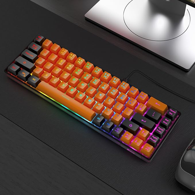 GEODMAER 65% Gaming Keyboard, LED Backlit Mini Wired Keyboard, Ultra-Compact Anti-Ghosting No-Conflict 68 Keys Membrane Gaming Wired Keyboard for PC Laptop Windows Gamer(Orange-Black)
